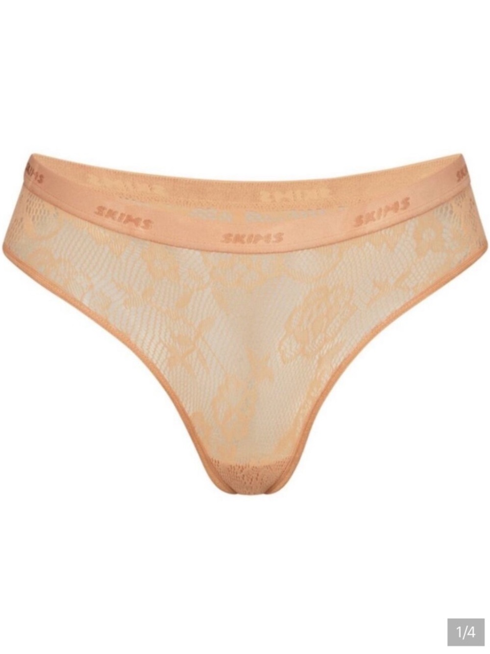 SKIMS Knit Lace Dipped Thong in Peach